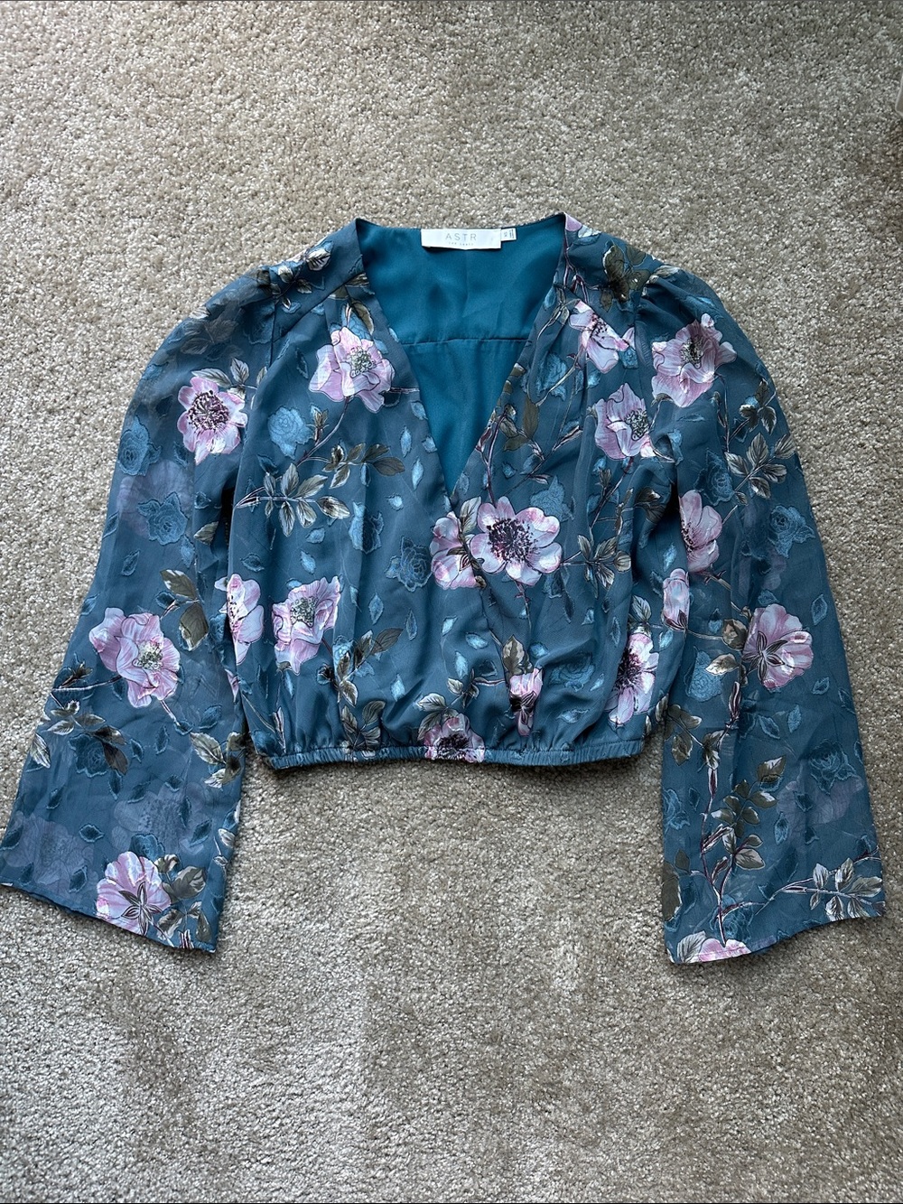 Astr Teal Floral Wrap Crop Blouse with Puff Sleeves